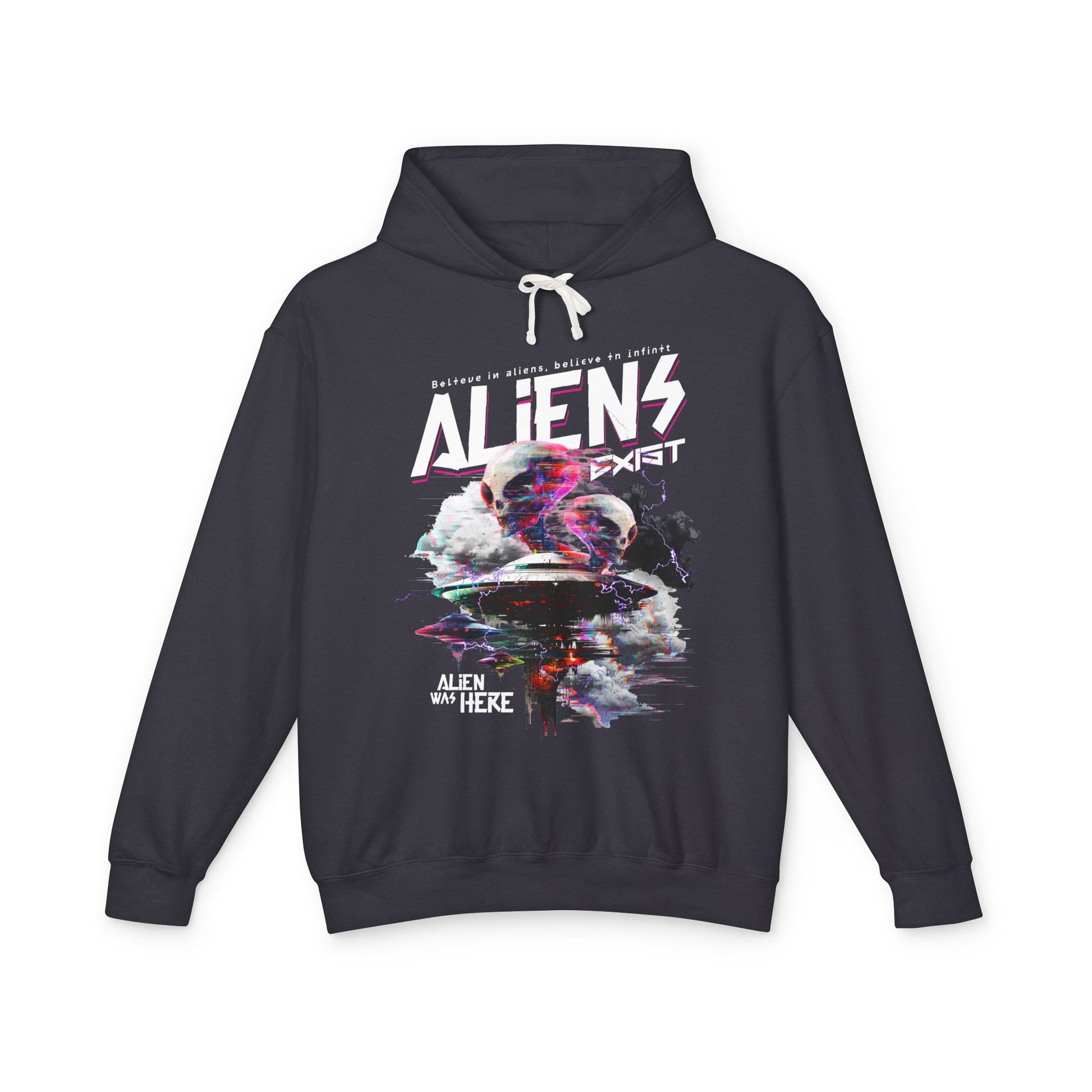 Aliens Exist Lightweight Hoodie Sweatshirt - Glitch in the Galaxy Design