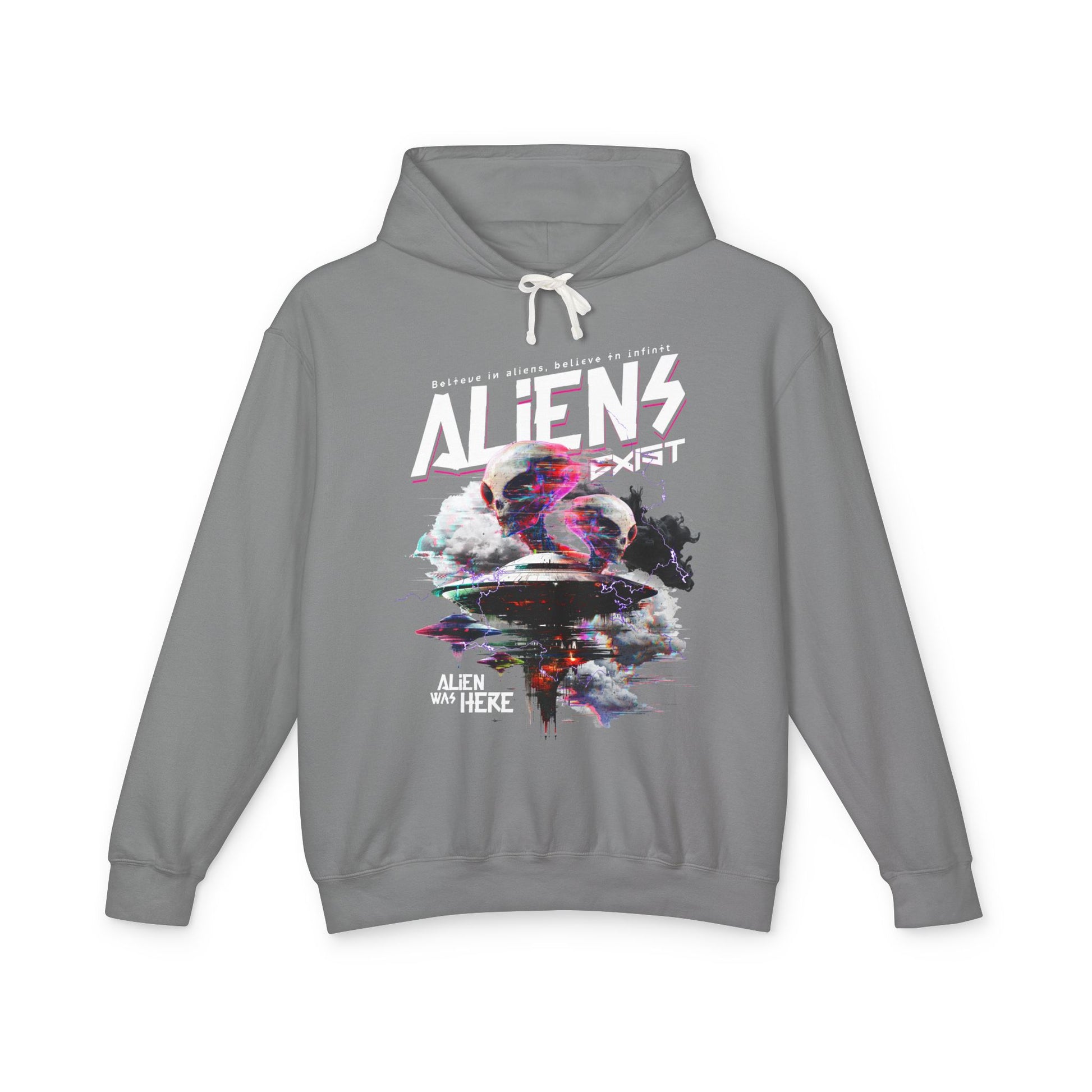 Aliens Exist Lightweight Hoodie Sweatshirt - Glitch in the Galaxy Design