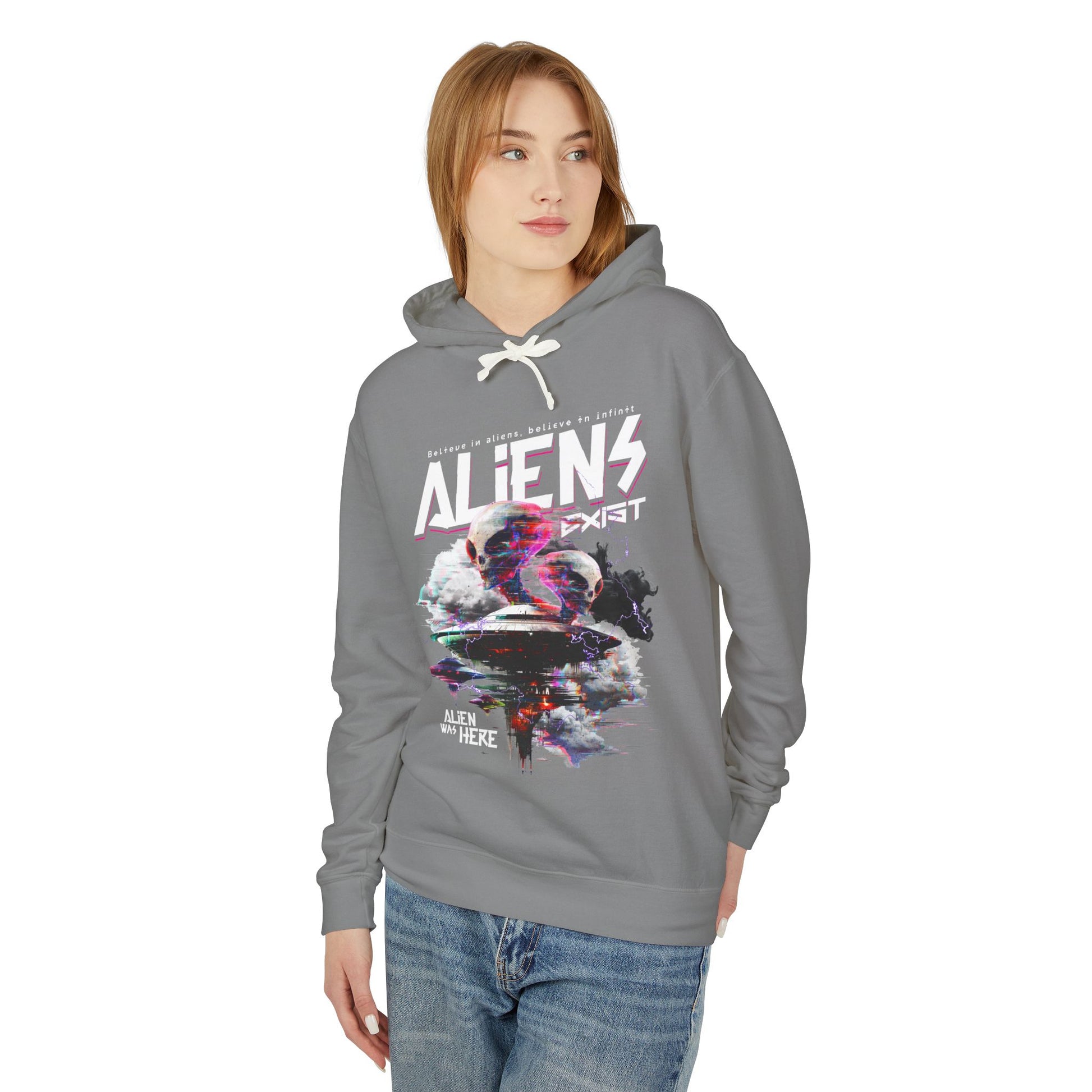 Aliens Exist Lightweight Hoodie Sweatshirt - Glitch in the Galaxy Design