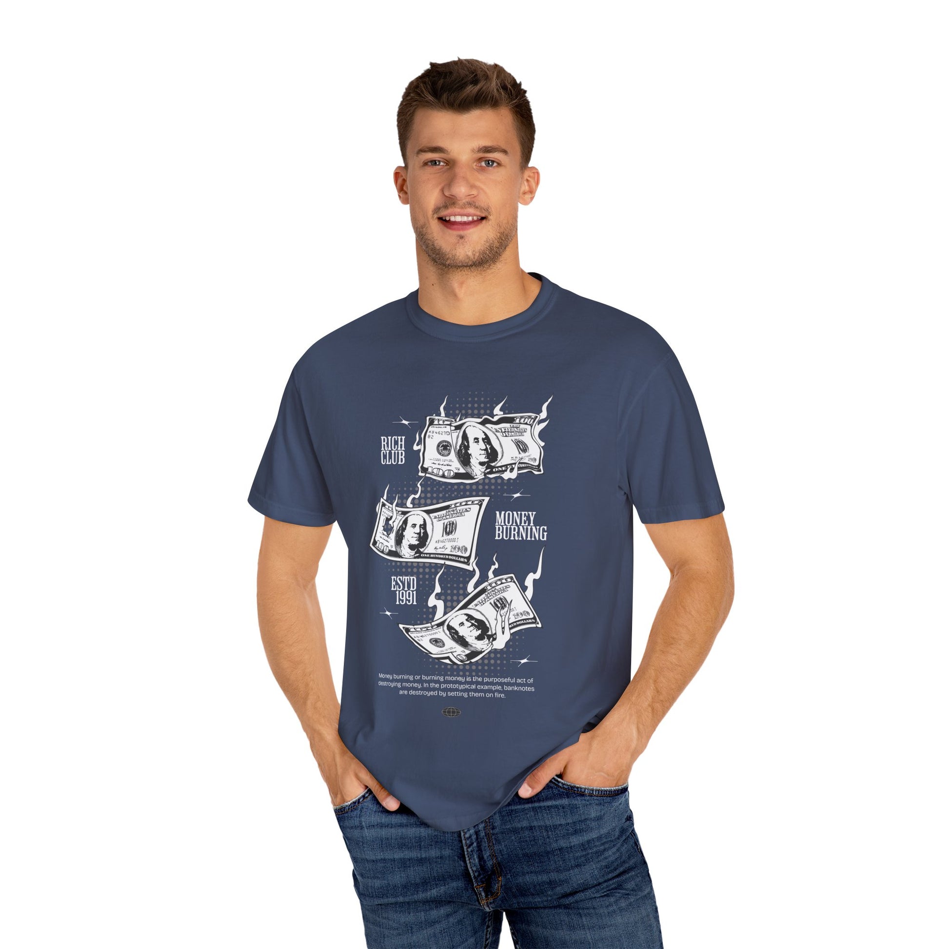 Rich Club Money Burning T-Shirt - Unisex Garment-Dyed Tee for Casual Style