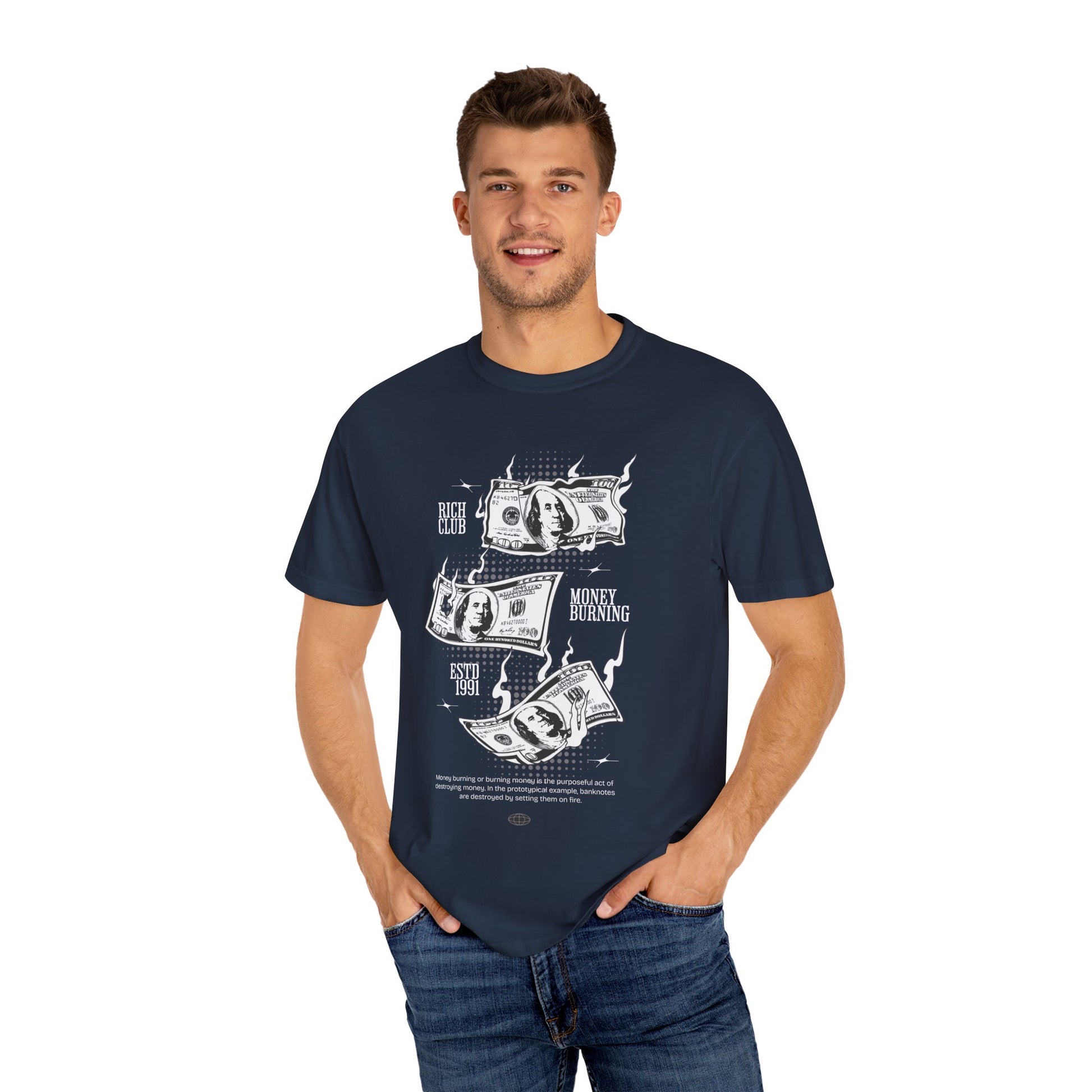 Rich Club Money Burning T-Shirt - Unisex Garment-Dyed Tee for Casual Style