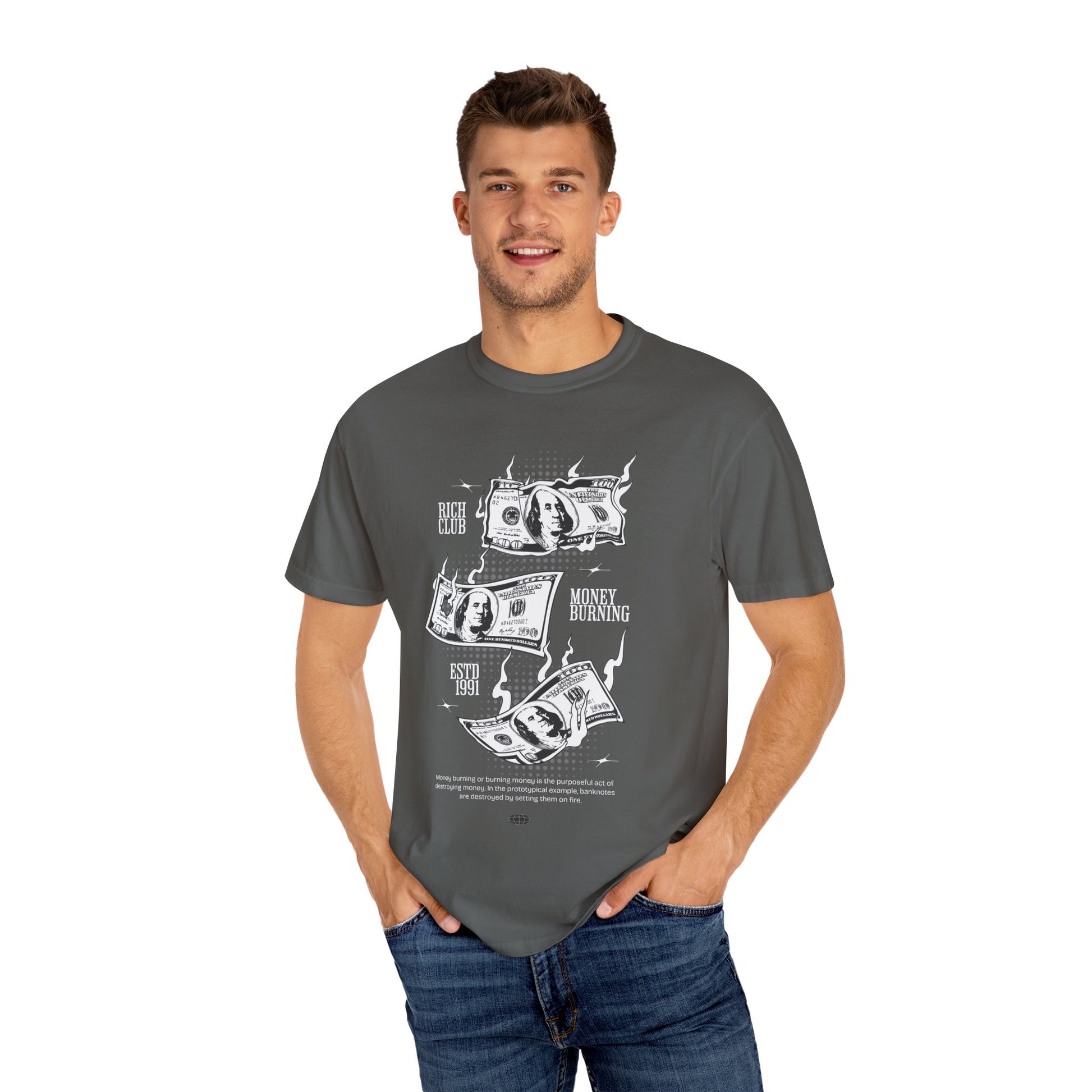 Rich Club Money Burning T-Shirt - Unisex Garment-Dyed Tee for Casual Style