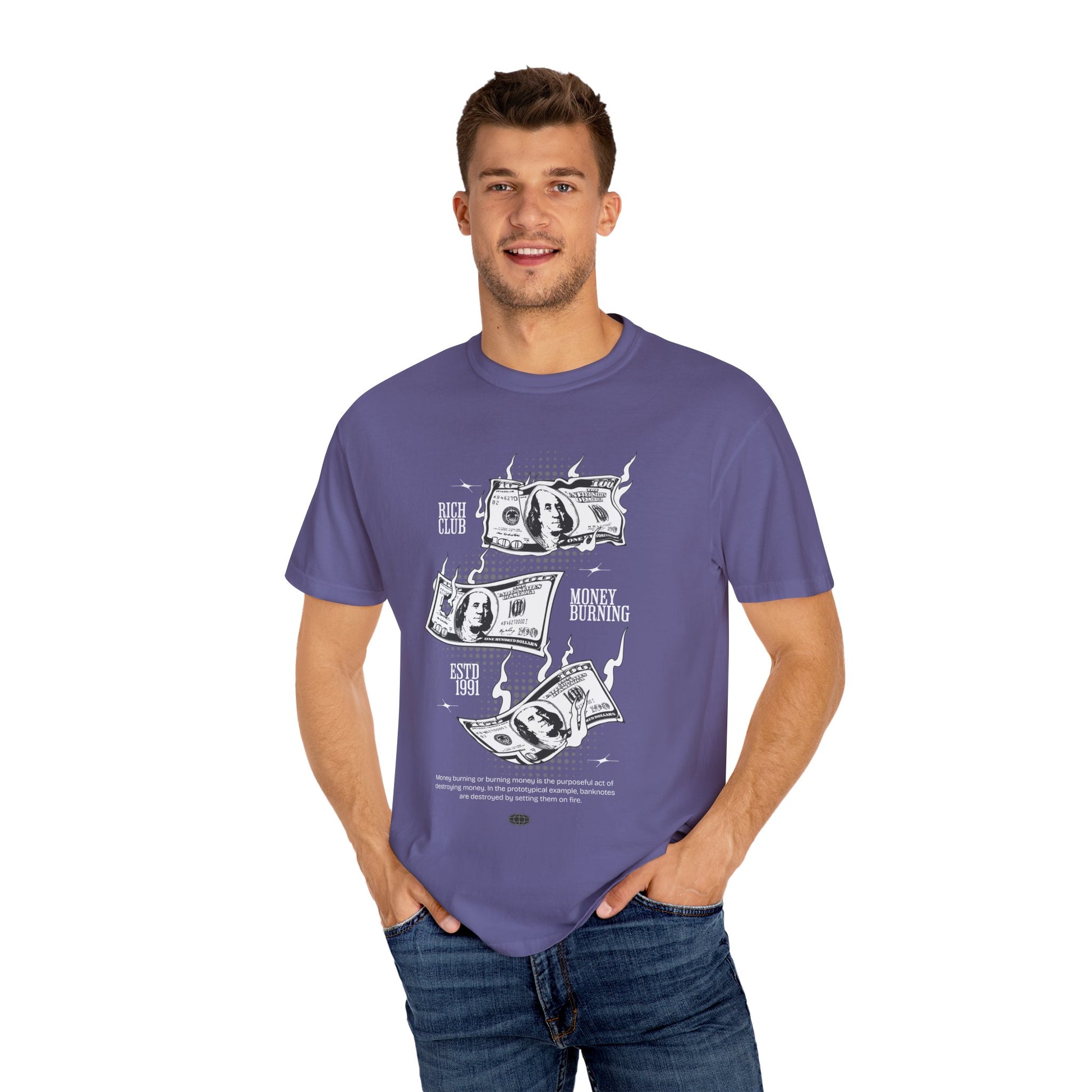 Rich Club Money Burning T-Shirt - Unisex Garment-Dyed Tee for Casual Style