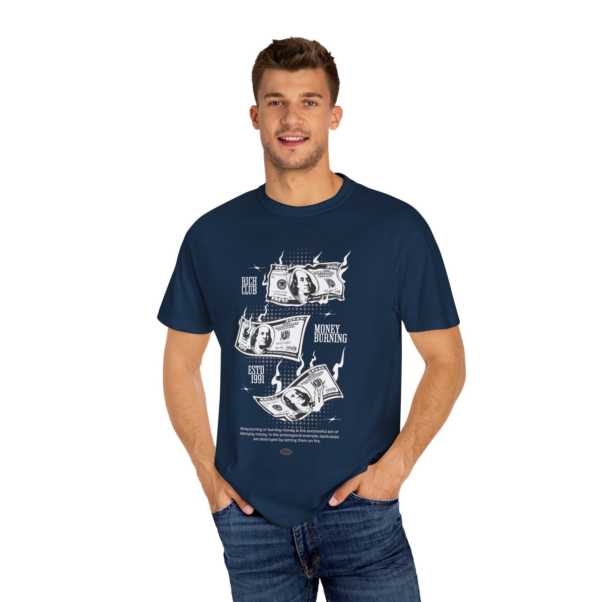 Rich Club Money Burning T-Shirt - Unisex Garment-Dyed Tee for Casual Style